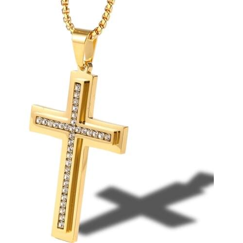 RIR Hip Hop Rock Style Gold & Silver Color Men Jesus Christ Zircon Cross Stainless Steel Pendant Necklace Fashion Jewelry Gift