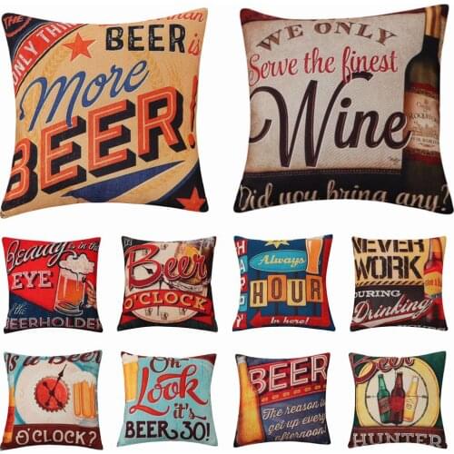 Beer Wine Vintage Style Pillow Covers Cotton Linen Romantic Home Decor Throw Pillows Gifts Sofa Seat Cushion Cover