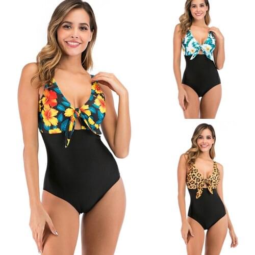 Sexy Cut Out One Piece Swimsuit Floral Print Swimwear Women Push Up Monokini Patchwork Swim Suit Open Back Bathing Suit Beach