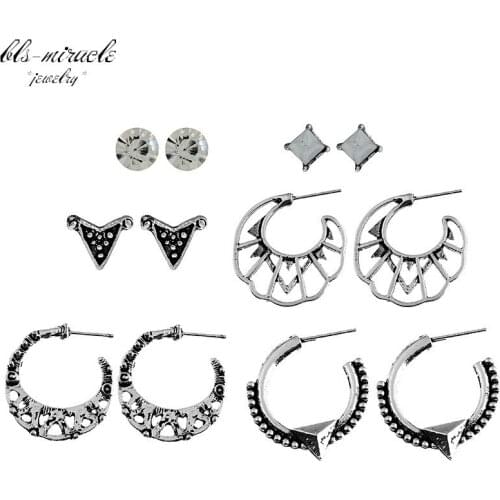 1set=6 pairs New Fashion jewelry vintage alloy silver color crystal "C" shape stud earrings best gift for girl wholesale E415