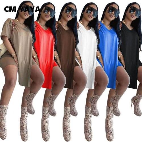 CM.YAYA Loose 2 Piece Set Women Solid Short Sleeve V-neck Pullover Long T-shirts Sheath Elastic Short Pants Two Piece Set Summer