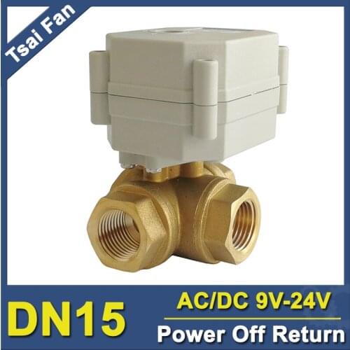 TF15-BH3-C AC/DC9V-24V Brass 1/2'' (DN15) Horizontal 3 Way T/L Type Power Off Return Actuated Ball Valve With Indicator
