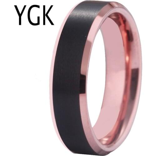 YGK Jewelry Matte Black Center Rose Golden Bevel 100% Tungsten Ring For Women Mens Classic Wedding Engagement Anniversary Ring