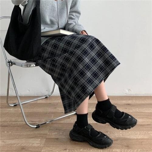 Autumn New High Waist Woolen Midi A-Line Skirt Women Split Fork Hip Skirts 2021 Korean Ladies Office Casual Vintage Plaid Skirt