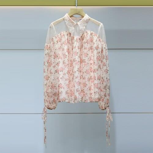 Spring 2021 new Mori line gauze embroidery pointed collar Floral Chiffon shirt top female n016015