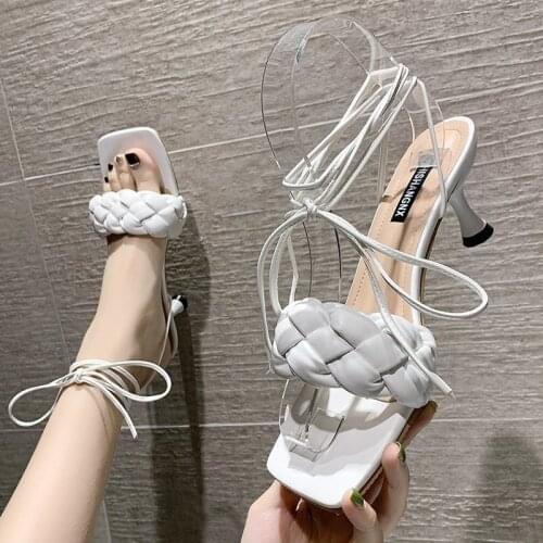 2021 Newly Arrived Summer White Apricot Women Sandals Fashion Cross-Tied High Heels Shoes Sexy Lace Up Party Pumps Shoes Woman