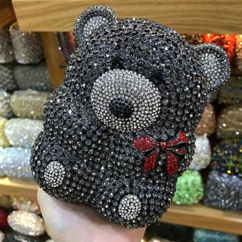 Women Bear shape black/silver Evening Bags Crystal clutch small wallet Purse Female day Clutches Ladies Party Bag Wedding bags