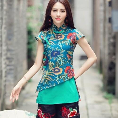 Shanghai Tang Clothing Female Chinese Cheongsam Tops For Women 2019 Summer Retro Vintage Shirt Floral Ladies Chinese Tops TA1464