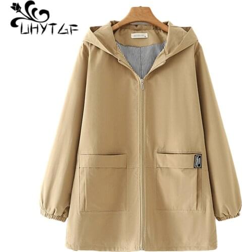 UHYTGF 5XL Oversized Trench Coat Women Fashion Hooded Casual Autumn Tops Overcoat Female Pure Wild Elegant Ladies Outerwear 1289