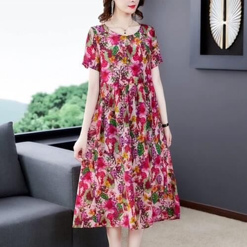 2021 Summer Red Floral Mulberry Silk Midi Dresses Fashion Vintage Elegant 4XL Plus Size Sundress Female Bodycon Party Vestidos
