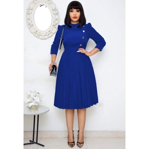 Women Pleated Dress High Waist with Button Modest Office Ladies Fashion Vestidos Elegant Classy Work Wear Knee Length Large Size
