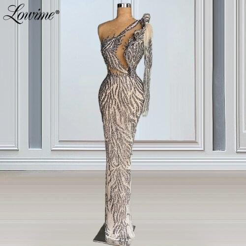Lowime 2021 Heavy Beading Long Mermaid Evening Dresses One Shoulder Party Dress Arabic Robe De Soiree Dubai Muslim Prom Dresses