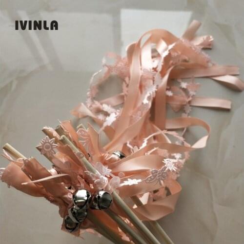 30pcs/ champage wedding ribbon wands with sliver bell ribbon Twirling Streamers wedding ribbon stick