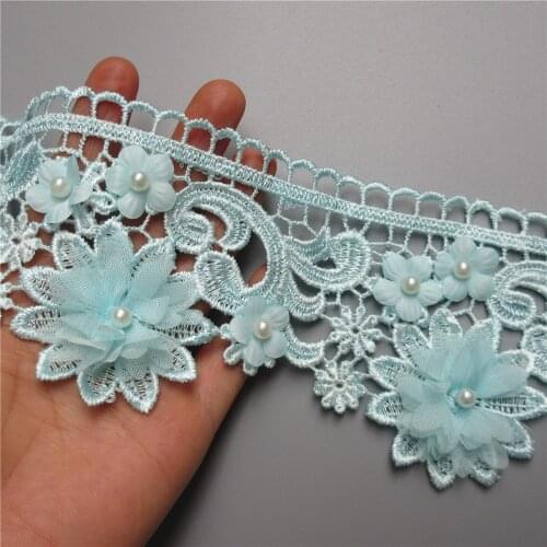 5x Blue Pearl Chiffon Flower Embroidered Lace Edge Trim Ribbon Fabric Patchwork Wedding Dress DIY Sewing Craft 10cm*8.5cm