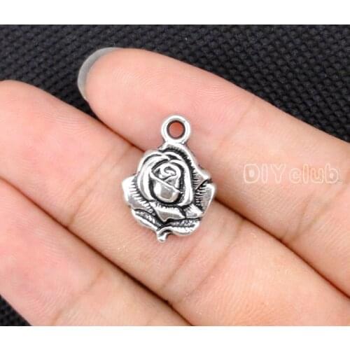 80pcs-Antique Silver Rose Charms Pendant, Flower Charms 18x14mm
