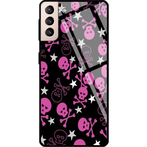 Pink Skull And Bones Tempered Glass Case For Samsung Galaxy S21 Ultra Note 20 S8 S9 S10 Note 10 Plus S20 FE