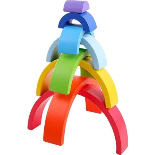 Wooden Rainbow Building Stacker Blocks Match Shape Game Toys for Kids Fun