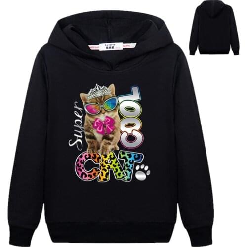 2018 Cool Cat with Glass Print Girls Sweatshirts NewYork Style Kids Sudaderas Girls Cotton Hoodies Girls Pullovers Coat
