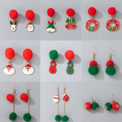 Docona 2020 Red Green Pompom Christmas Drop Earrings for Women Girls Metal Bells Elk Santa Dangle Earrings Party Jewelry Gift