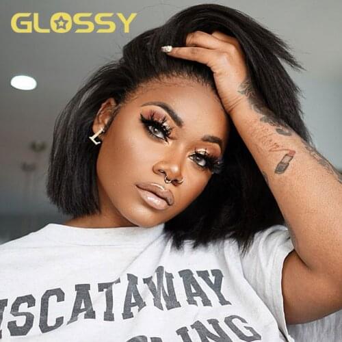 GLOSSY Kinky Straight Bob Wig Lace Front Wig Mongolian Yaki Straight Short Wigs for Women Human Hair 13x4 4x4 Transparent Lace