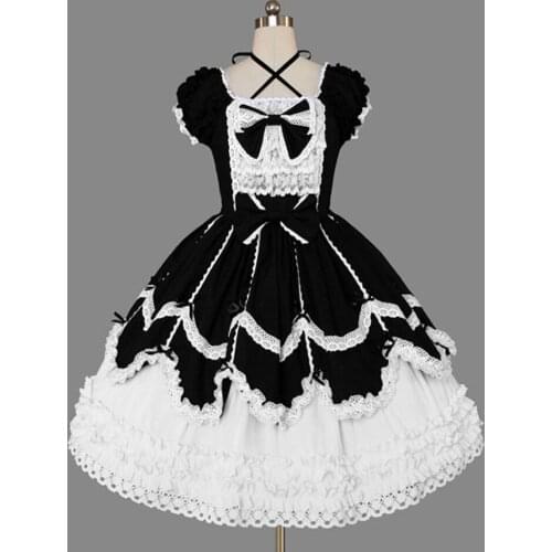 Classical Lolita Dress Short Sleeve Layered Bows Lace Up Cotton Lolita One Piece Dress