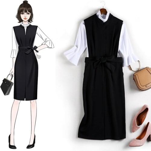 4XL 5XL spring summer white shirts + belt black dress two pieces set 2020 women plus size dresses OL elegant set JC55