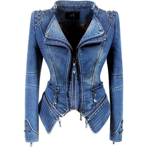 Punk Rivet Short Denim Slim Jackets Women Wash Long Sleeve Vintage Casual Studs Jean Outerwear Motorcycle Denim Coat Large Size