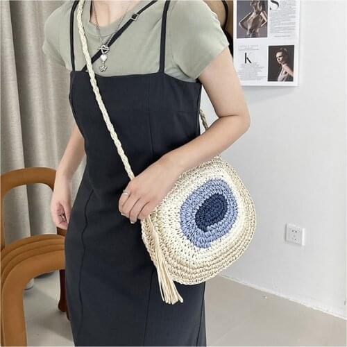 Summer Tassel Woven Circlar Straw Bag Fashion Large Capacity Round Crossbody Shoulder Bag Beach Knitting Lady Rattan Bag Raffia