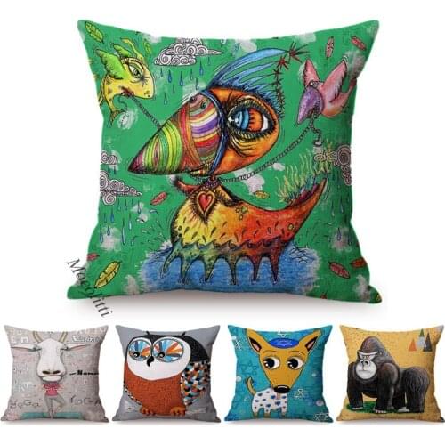 Cute Nordic Hand Painted Animal Elephant Goat Owl Home Decor Throw Pillow Case Children Room Sofa Decorative Linen Cushion Cover
