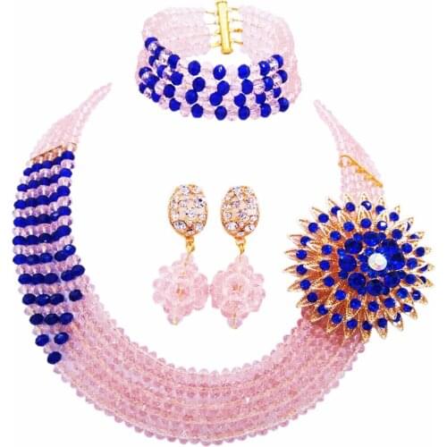 Fashion Peach Royal Blue Multi Strands Statement Necklace Nigerian Wedding African Beads Jewelry Set Crystal 5JZ04