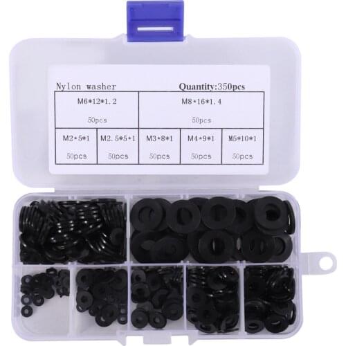 CNIM Hot 350Pcs Nylon Flat Round Plastic Washer M2 M2.5 M3 M4 M5 M6 M8 Assortment Kit Black