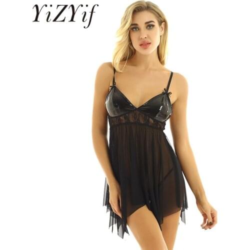 Womens babydoll nightdress lingerie Sexy Erotic Sleepwear Lingerie V Neck Mesh Chemise Babydoll Nightdress with G-string Briefs
