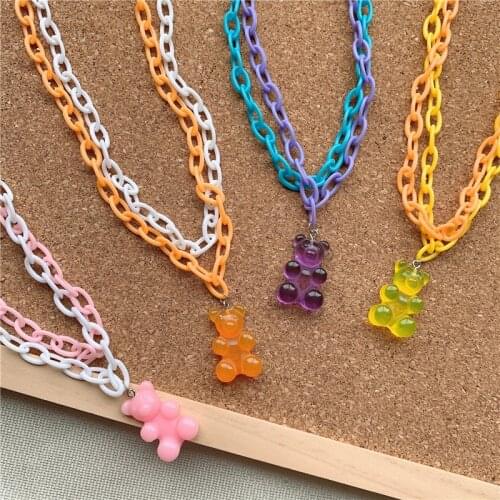 2PCS New Cute Acrylic Gummy Cartoon Bear Layered Chain Necklaces Candy Color Pendant For Women Girls Party Jewelry Harajuku Gift