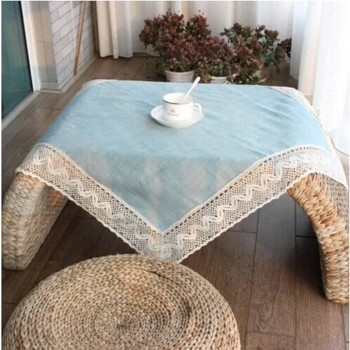 Simple Europe Blue Tablecloth Linen Cotton Lace Edge Rectangular Dust Proof Table Covers for Tea Table Fridge High Quality