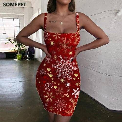 SOMEPET Christmas Dress Women Colorful Vestido Sexy Pattern Ladies Dresses Party Halter Sleeveless Womens Clothing Plus Size