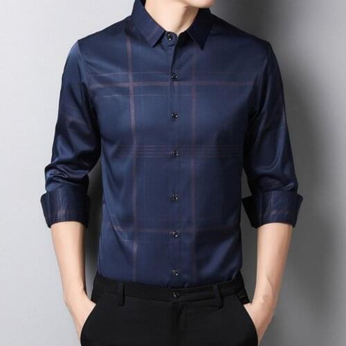 Men Long Sleeve Shirt Smooth Wrinkleproof Western Turn-down Collar Stripe Business Slim Fits Casual Shirts Male Clothes 2021