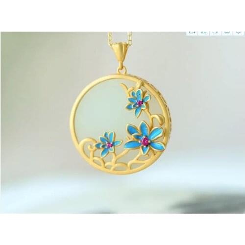 S925 Sterling Silver Gold Plated Natural Hetian Jade White Jade Lotus Cloisonne Craft round Brand High-End Hanging Ornament Wome