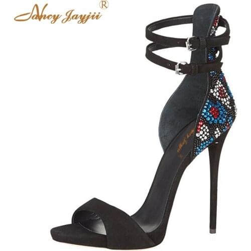 Crystal Mixed Color New Fashion Summer Black Open Toe Rinestone Sexy 12cm High Thin Heels Sandals Buckle Shoe Lady Size 45 46 44