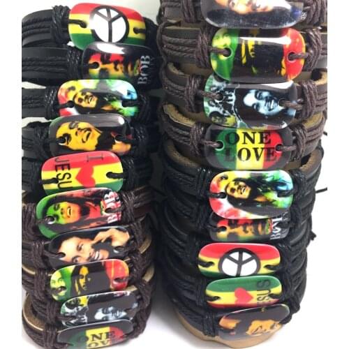 Wholesale Bulk lot 50pcs Mixed Mens Fashion Bob Marley Leather Bracelets Wristbands Peace one love Bangles Punk Style Jewelry