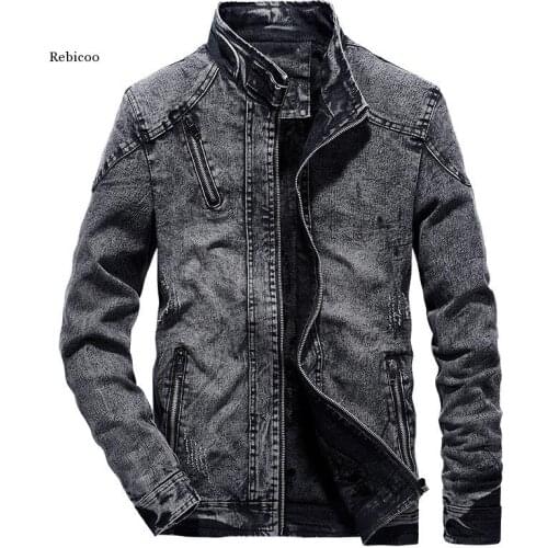 Vintage Denim Jackets Men Slim Fit Solid Color Casual Mens Jeans Coat Fashion Stand Clothes for Men Black Blue