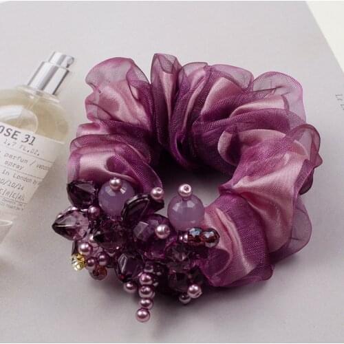 Purple Floral Hair Accessories Elastic Hair Band For Girl Shiny Colorful Silk Pearl Crystal Flower Hairband Headband Wholesale