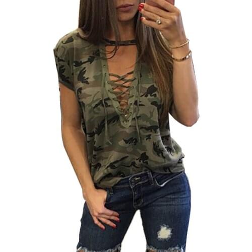 Women Camouflage Bandage T Shirt Hollow Out Deep V-Neck Summer Casual Top Female Tshirt Of The Big Sizes Lace Up T-Shirts