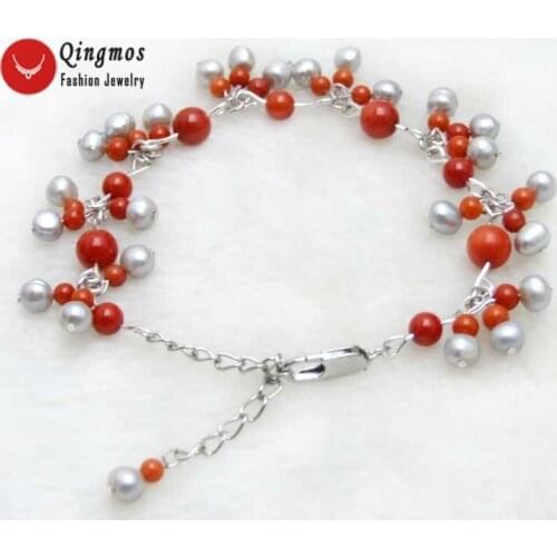 Qingos Trendy Coral & Pearl Bracelet for Women with 5-6mm Gray Round Pearl and 3-6mm Red Coral 7-9'' Bracelet Fine Jewelry-ba384
