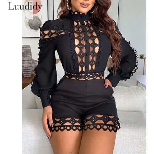 Women Sexy Jumpsuit Stand Collar Hollow Out Design Romper