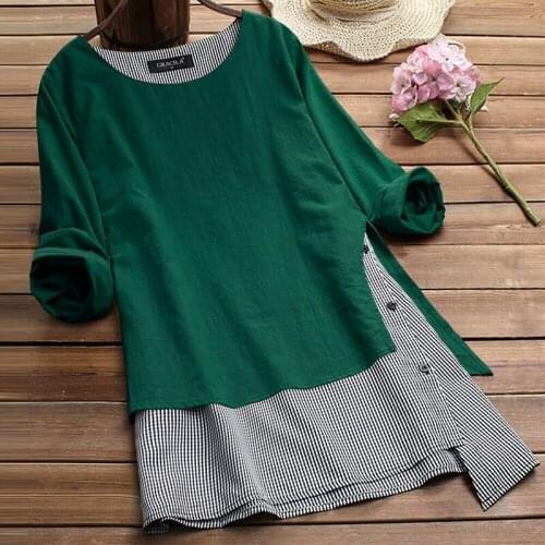 Lady Irregular Pullovers Dress Woman Linen Fake Two Pieces Shirt Dress Casual Long Sleeve Dresses Women Plus Size Blouse Dress