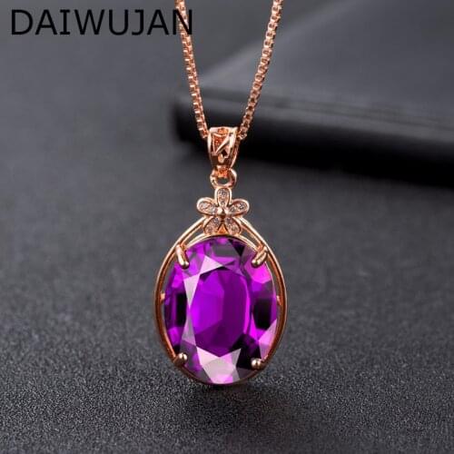 DAIWUJAN Elegant Oval Shaped Pendant Amethyst Necklace for Women Temperament Gemstone Flower Silver 925 Jewelry Weddings Gift
