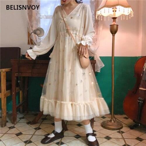 Autumn Spring Women Elegant Dress Mesh Embroidery Sequins V-neck Dress Temperament Ruffles Sweet Long Robe Party Vestidos