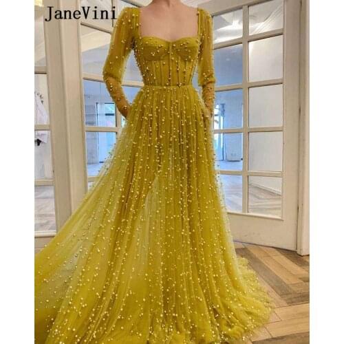 JaneVini Sexy A Line Dubai Long Sleeves Evening Dresses Strapless Full Pearls Backless Plus Size Women Arabic Dress Lange Jurken