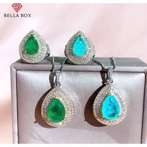 Bella Box Vintage Jewelry Set For Women Real 925 Sterling Silver Luxury Blue Green Water Drop Anniversary Wedding Fine Jewelry
