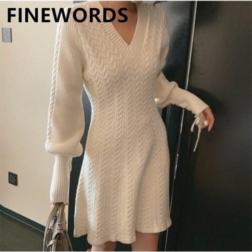 FINEWORDS Beige Winter Knitted Dress Korean Elegant Ladies Dresses Sleeve Cross Bandage Casual Streetwear A Line Vintage Dresses